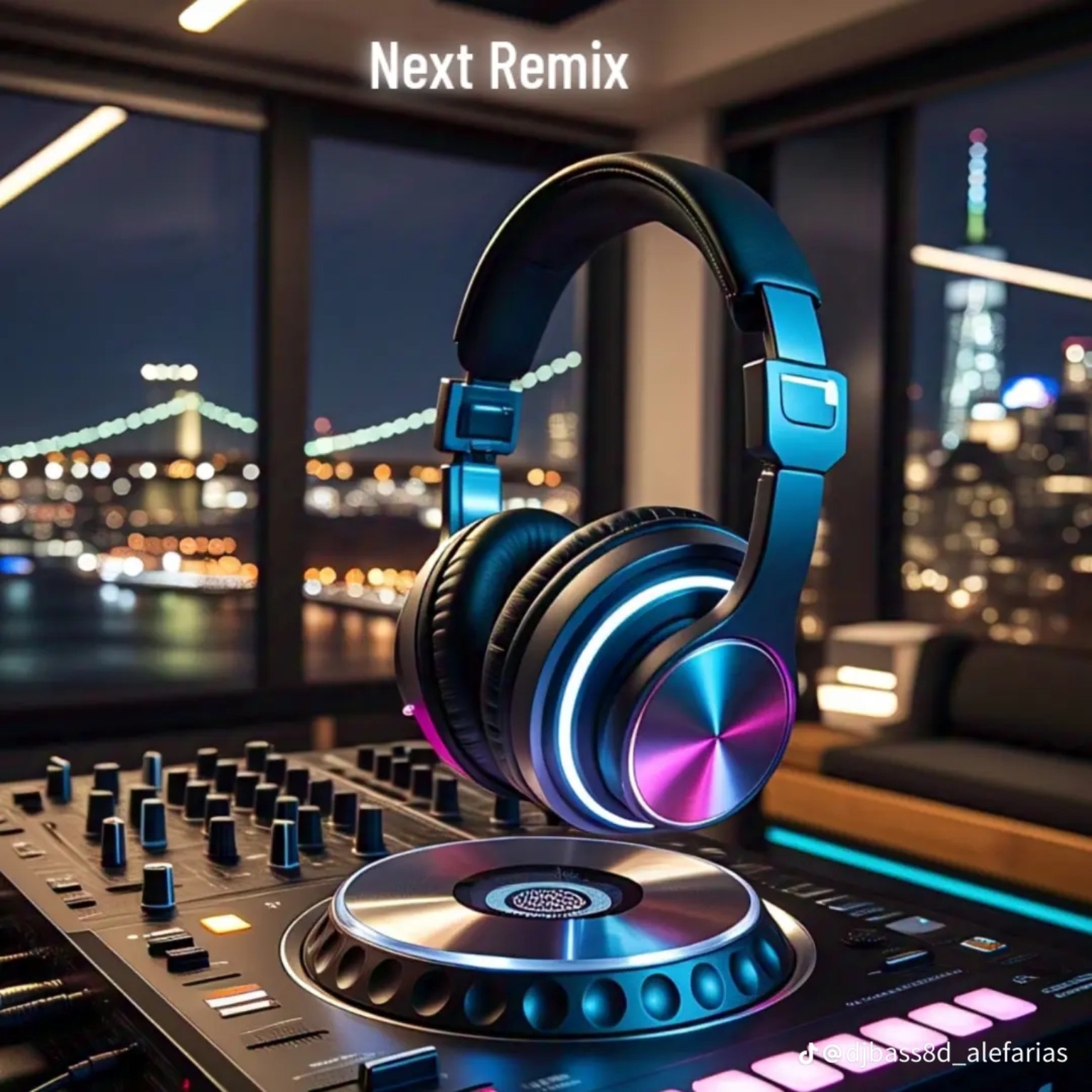 Ilustracija osvetljenih slušalk in DJ opreme z napisom Next Remix in vidno oznako avtorja